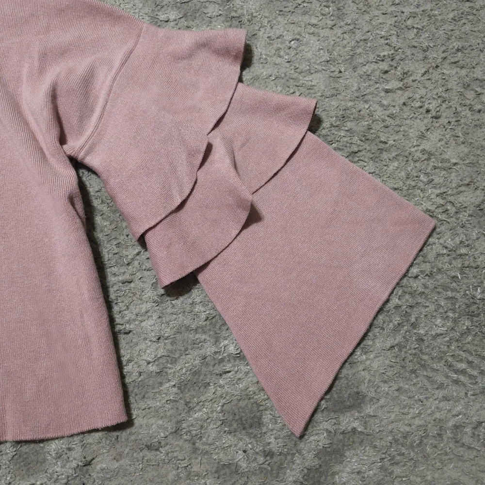 ✨️4/$20 POOF! Dusty Mauve Cropped Knit Crewneck Sweater Long Tiered Bell Sleeves - Picture 10 of 14